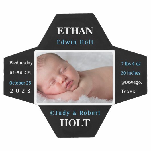 ベビーパーソナライズされた誕生統計の発表写真 サッカーボール (フラット)