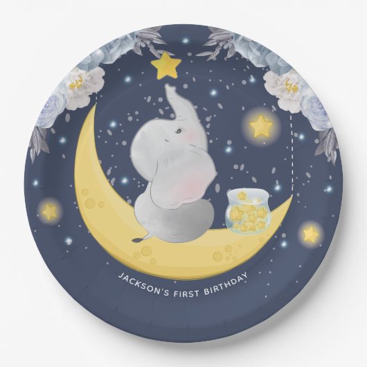 ベビーパーソナライズされた象オンムーン ペーパープレート (正面)