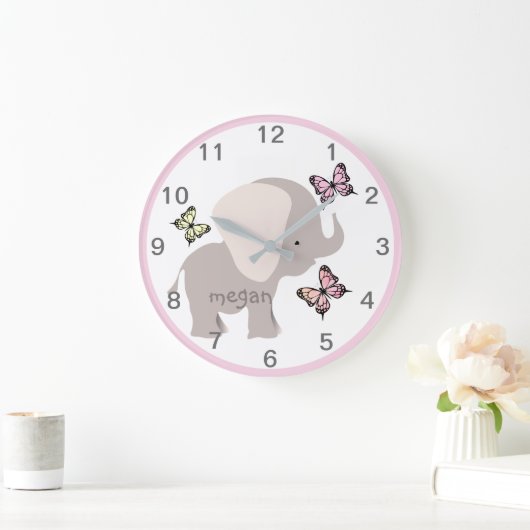 ベビーパーソナライズされた象バタフライウォールクロック ラージ壁時計 (ホーム)