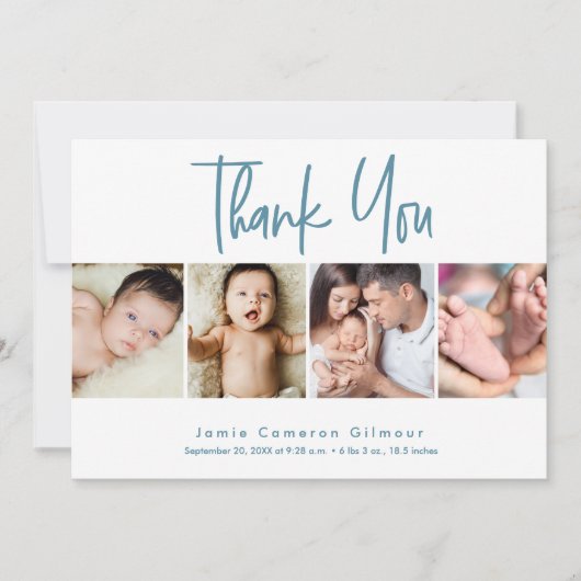 ベビーパーソナライズされた4フォトコラージュ生まれたばかりの誕生 サンキューカード (正面)