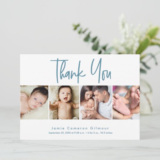 ベビーパーソナライズされた4フォトコラージュ生まれたばかりの誕生 サンキューカード (スタンド正面)