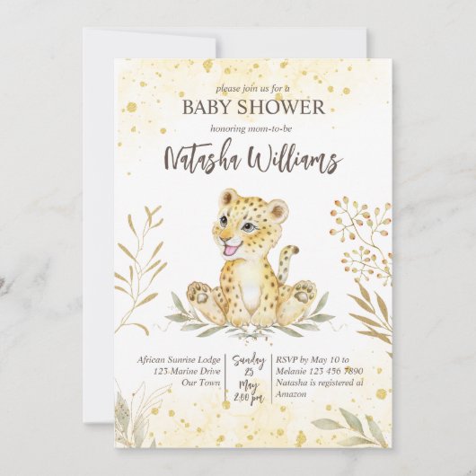 ベビーヒョウ黄色金ゴールド茶色の赤ちゃんシャワー招待状 招待状 (正面)
