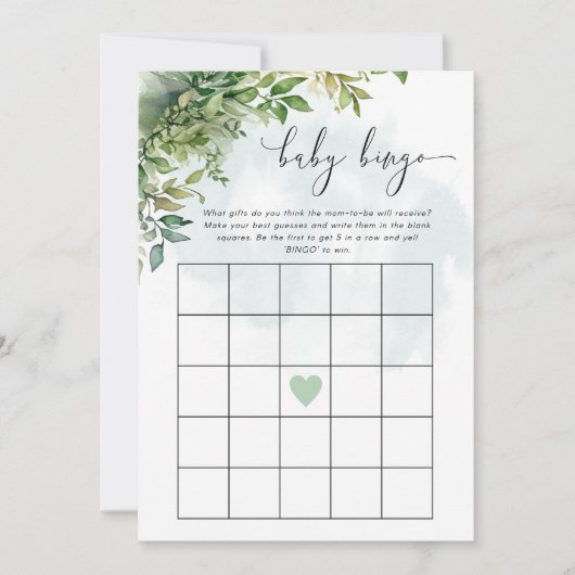 ベビービンゴをテーマにした緑の赤ちゃんシャワーゲーム 招待状 (正面)