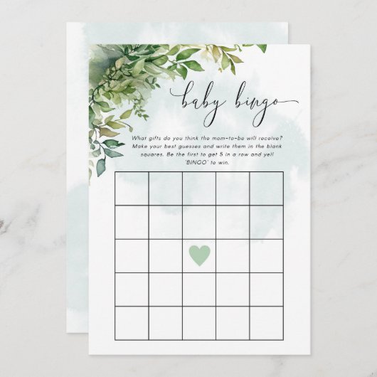 ベビービンゴをテーマにした緑の赤ちゃんシャワーゲーム 招待状 (正面/裏面)