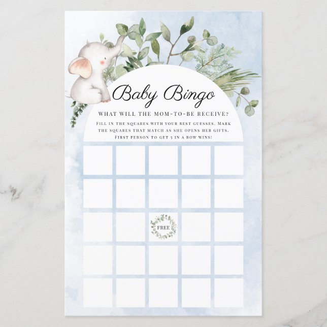 ベビービンゴエレファントボーイブルーベビーシャワーゲーム (正面)