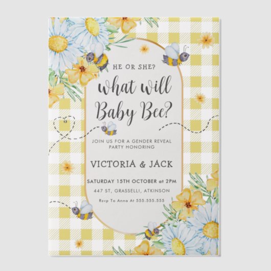 ベビービーイエローギンガムジェンダーの明らかにする ベラム紙招待状 (正面)