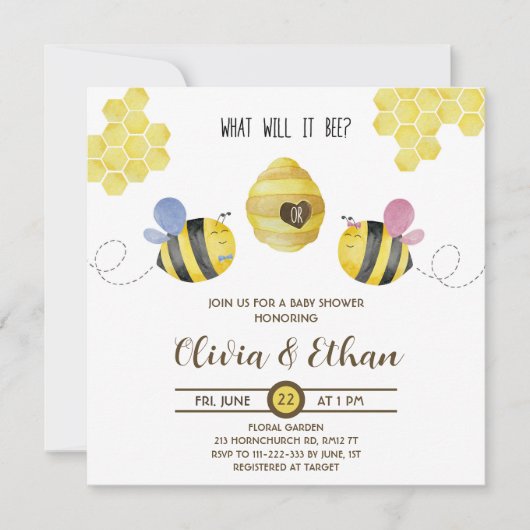 ベビービー性別が赤ちゃんのシャワーの招待明らかにする何 招待状 (正面)