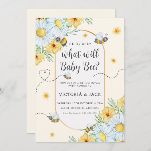 ベビービー白い花と性別が明らかにする 招待状 (正面/裏面)