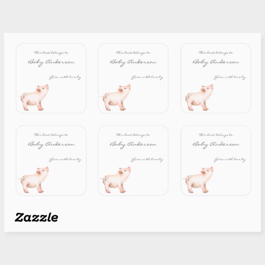 ベビーピッグ赤ちゃんシャワー蔵書票 スクエアシール (シート)