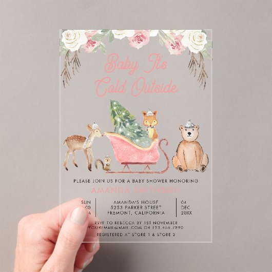 ベビーピンクそりの赤ちゃんシャワー外は寒い アクリル招待状 (インサイチュ (ポータブル))