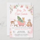 ベビーピンクそりの赤ちゃんシャワー外は寒い 招待状 (正面)