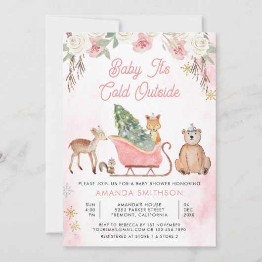 ベビーピンクそりの赤ちゃんシャワー外は寒い 招待状 (正面)