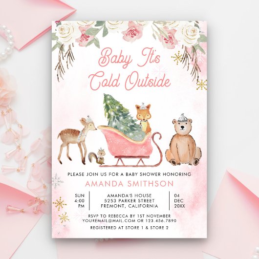 ベビーピンクそりの赤ちゃんシャワー外は寒い 招待状