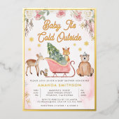 ベビーピンクそりの赤ちゃんシャワー外は寒い 箔招待状 (正面)