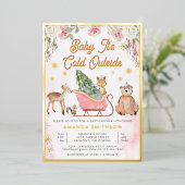 ベビーピンクそりの赤ちゃんシャワー外は寒い 箔招待状 (立ち正面)