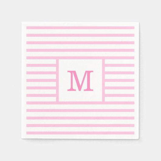 ベビーピンクとホワイトのストライプ カスタムモノグラム スタンダードカクテルナプキン (正面)