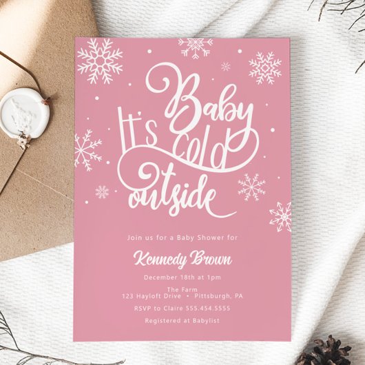 ベビーピンクのスノーフレークの赤ちゃんシャワー外は寒い 招待状