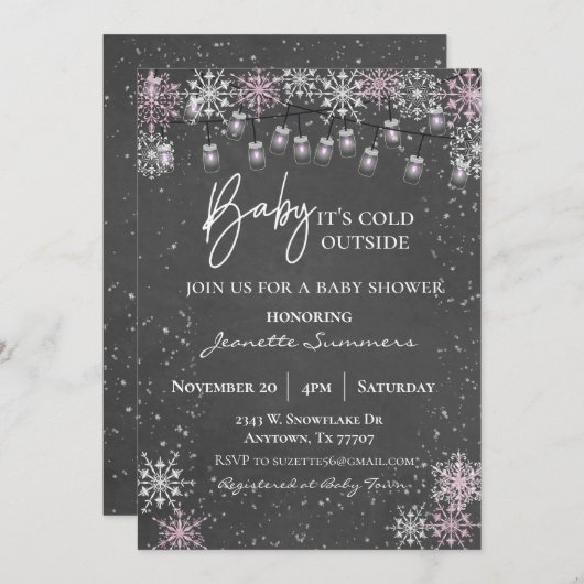 ベビーピンクのスノーフレーク・メイソン・ジャーの外は寒い 招待状 (正面/裏面)