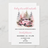 ベビーピンクのトラックのベビーシャワー外は寒い 招待状 (正面/裏面)