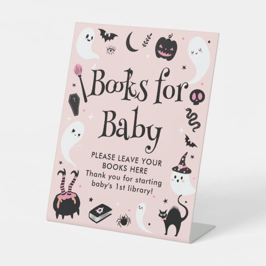 ベビーピンクのハロウィーン赤ちゃんシャワー用の本 台座サイン (正面)