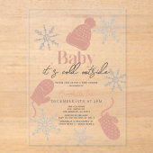 ベビーピンクのビーニーの赤ちゃんシャワー外は寒い アクリル招待状 (正面)