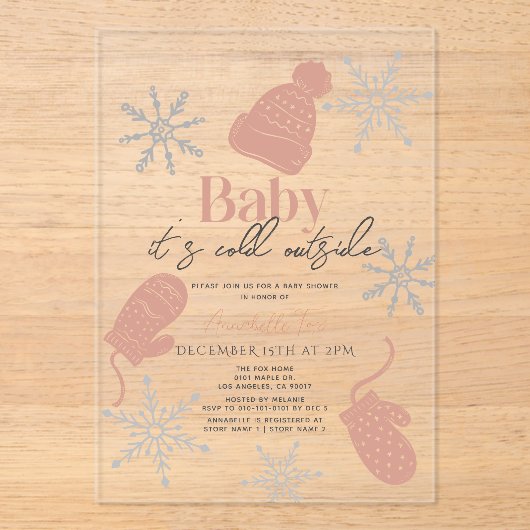 ベビーピンクのビーニーの赤ちゃんシャワー外は寒い アクリル招待状 (正面)