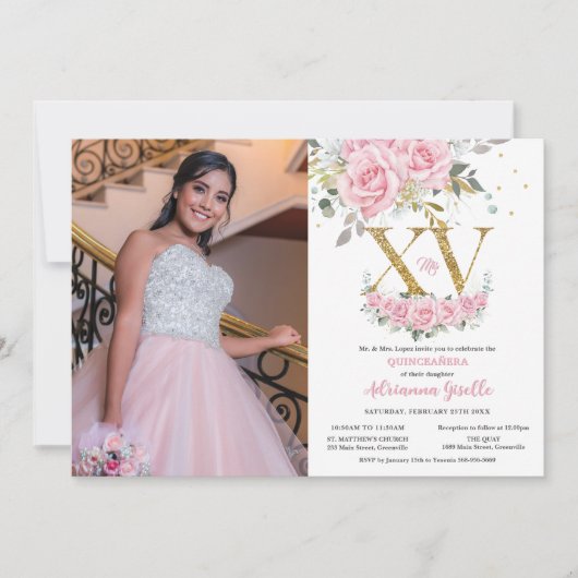 ベビーピンクのフローラ金ゴールドXVキンセアニラカンス写真 招待状 (正面)