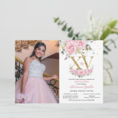 ベビーピンクのフローラ金ゴールドXVキンセアニラカンス写真 招待状 (スタンド正面)