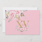 ベビーピンクのフローラ金ゴールドXVキンセアニラカンス写真 招待状 (裏面)