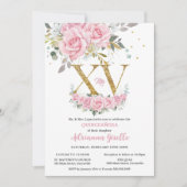 ベビーピンクのフローラ金ゴールドXVキンセアニラクンス15 招待状 (正面)