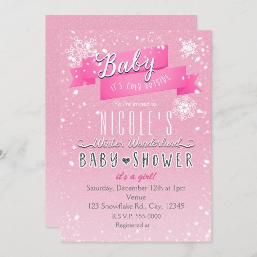 ベビーピンクのベビーシャワー招待状外は寒い 招待状 (正面/裏面)