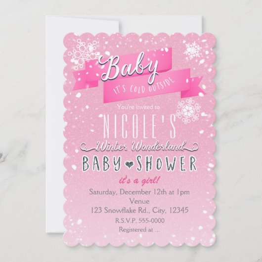 ベビーピンクのベビーシャワー招待状外は寒い 招待状 (正面)