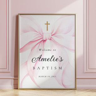 ベビーピンクのリボンガール洗礼ウェルカムポスター ポスター