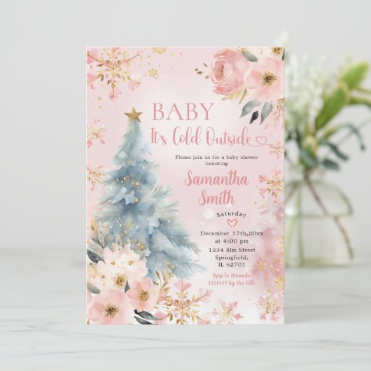 ベビーピンクの冬のスノーフレークベビー外は寒い 招待状 (スタンド正面)