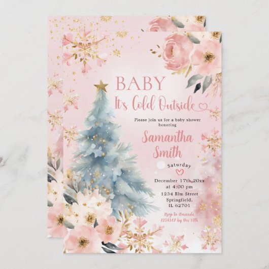 ベビーピンクの冬のスノーフレークベビー外は寒い 招待状 (正面/裏面)