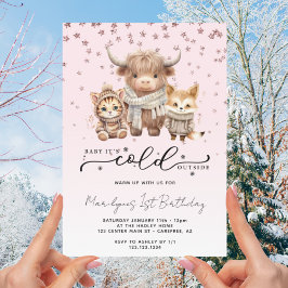 ベビーピンクの外は寒い1歳の誕生日 招待状