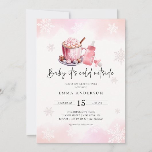 ベビーピンクの女の子の赤ちゃんシャワー外が寒い 招待状 (正面)