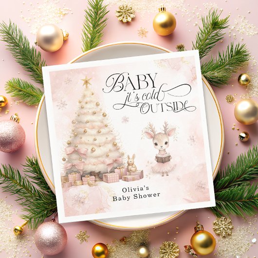 ベビーピンクの女の子の鹿の赤ちゃんシャワー外が寒い スタンダードカクテルナプキン