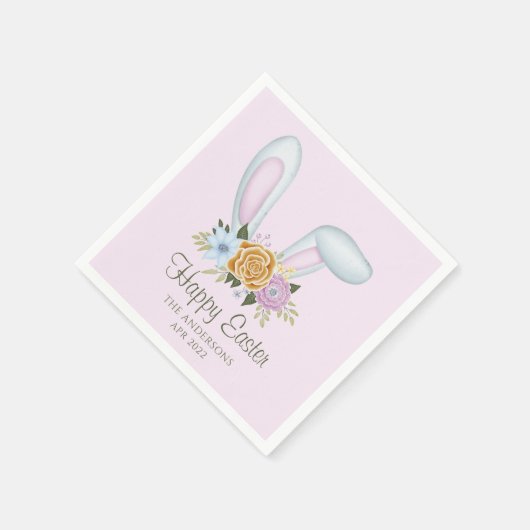 ベビーピンクの水色の花バニーイヤーイースター スタンダードカクテルナプキン (角)