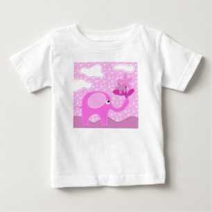 ベビーピンクの象と花 ベビーTシャツ