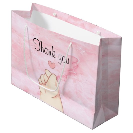 ベビーピンクの韓国語ハート ラージペーパーバッグ (正面アングル)