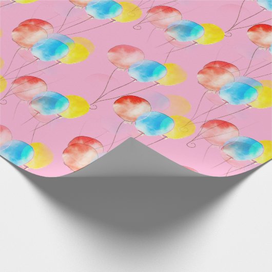 ベビーピンクウォーターカラーバルーンパターンガール誕生日 ラッピングペーパー (角)