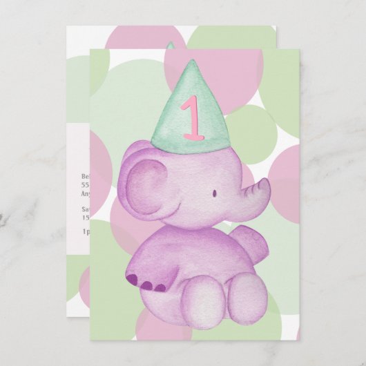 ベビーピンクエレファント1st誕生日パーティー招待状 招待状 (正面/裏面)