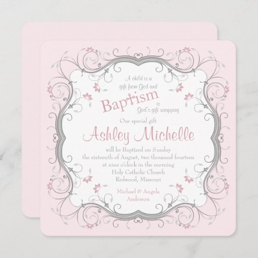 ベビーピンクグレースクロールフローラバプテスマ招待状 招待状 (正面/裏面)