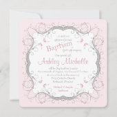 ベビーピンクグレースクロールフローラバプテスマ招待状 招待状 (正面)