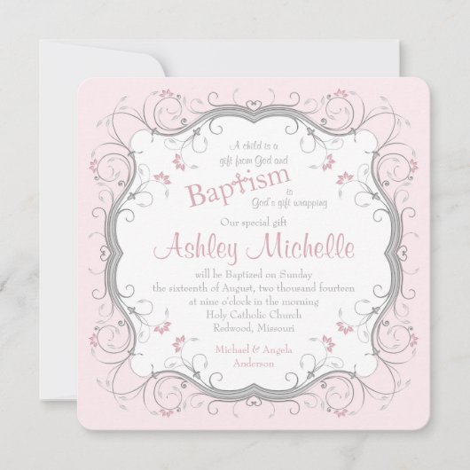 ベビーピンクグレースクロールフローラバプテスマ招待状 招待状 (正面)