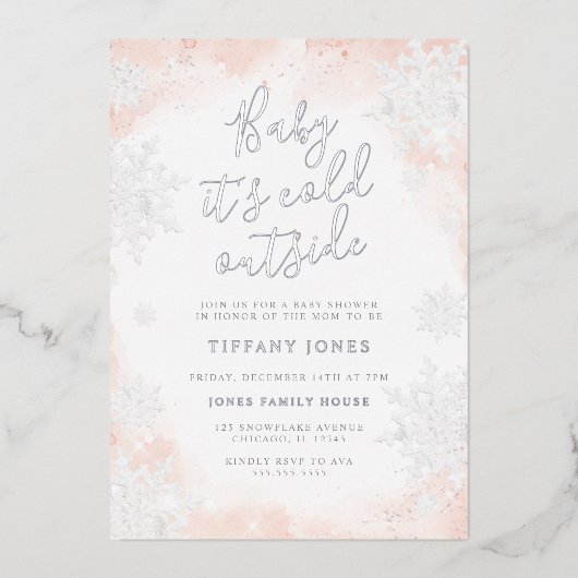 ベビーピンクシルバーベビーシャワー外は寒い 箔招待状 (正面)
