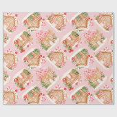 ベビーピンクジンジャーブレッドハウスパターンホリデー ラッピングペーパー (フラット)