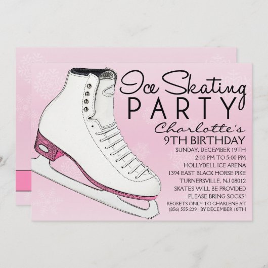 ベビーピンクスケートメイツアイススケートで滑る誕生会 招待状 (正面/裏面)