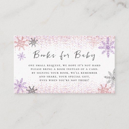 ベビーピンクスノーフレーク赤ちゃんシャワーグリッター用の本 エンクロージャーカード (正面)